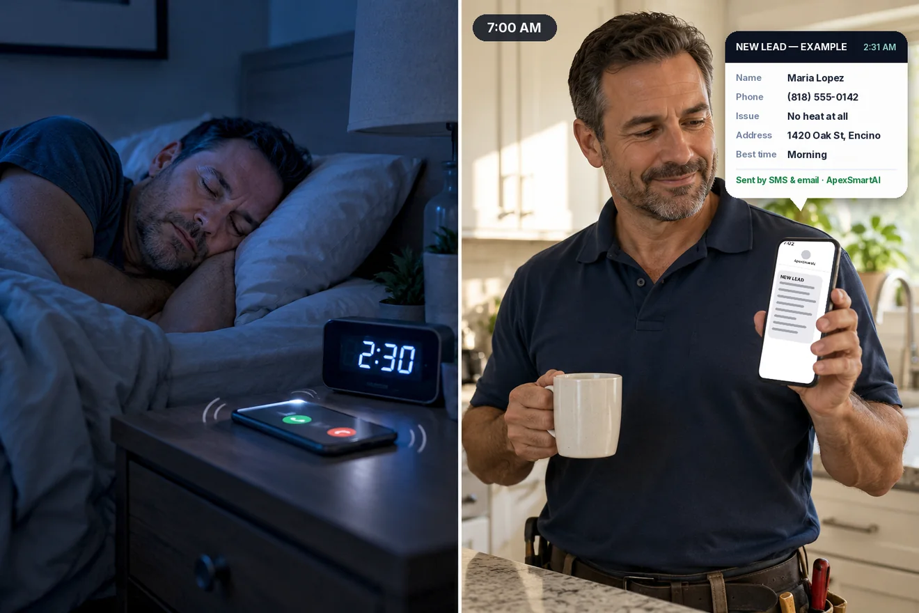 ApexSmartAI after-hours answering service: an HVAC owner asleep at 2:30 AM while his phone rings, then at 7:00 AM reading the lead ApexSmartAI sent him — caller name, number, issue and address